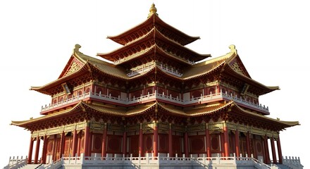 Fototapeta premium Stunning traditional Asian temple architecture with intricate golden and red details against white background