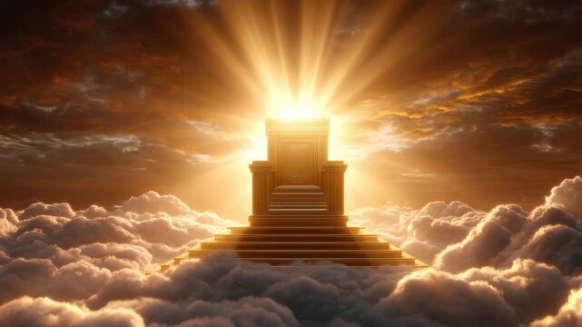Golden throne glowing with radiant light atop majestic staircase, surrounded by heavenly clouds and dramatic sky, exuding divine, spiritual, and ethereal atmosphere with gold, glowing, and celestial