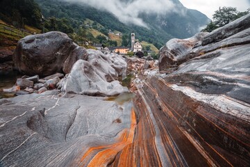 landscape of Lavertezzo village in Verzasca Valley, Switzerland with unique rock formations