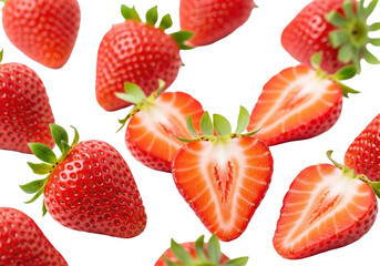Ripe, plump, vibrant red strawberries, some whole with green calyxes, others sliced revealing juicy flesh, on a minimalist bright white studio background with copy space, concept for healthy food