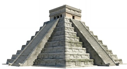 Ancient Mayan pyramid structure with grand stone staircases reaching skyward