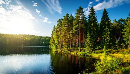 Serene lake surrounded by a dense forest at sunset