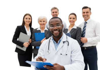African American male doctor writing on clipboard, smiling with diverse business professionals in studio with white background. Concept of healthcare business collaboration