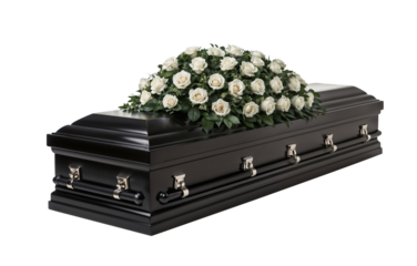 Black coffin with white roses arrangement isolated on a transparent background
