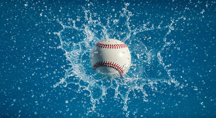 A white baseball with red stitching splashes into blue water, creating a dynamic water crown effect.