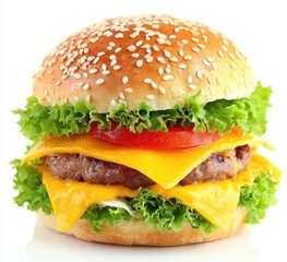 Close-up of a double cheeseburger on a white background.  Freshly-made, juicy burger with two patties, melted cheese, lettuce, tomato, and sesame seed bun