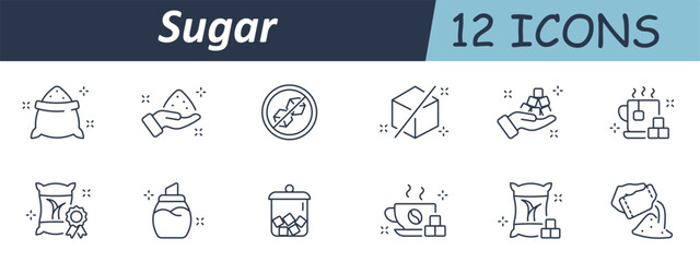 Sugar set icon. Granulated spoon, sugar cube, sweetener label, sealed bag, hot drink, crystal design, jar container, zero sugar icon, product quality, and natural sweet powder.