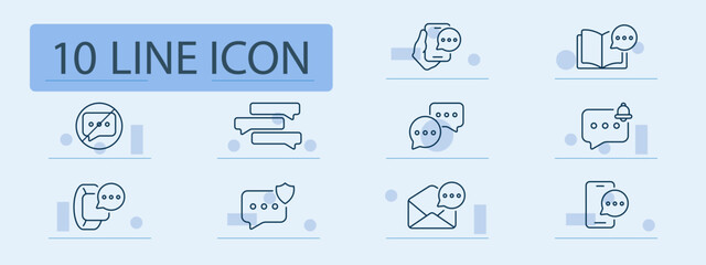 Chat and communication set icon. Outlined visuals of messages, speech bubbles, conversation tools, muted chat, notifications, email, mobile interaction, and dialogue exchange.