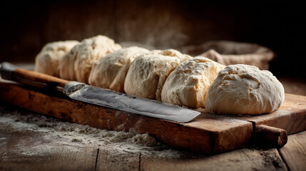 Rustic bread dough balls on floured wooden board with knife in warm light
