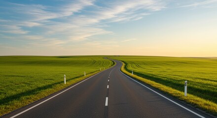 Fototapeta premium Winding Road Through Lush Green Fields at Sunset