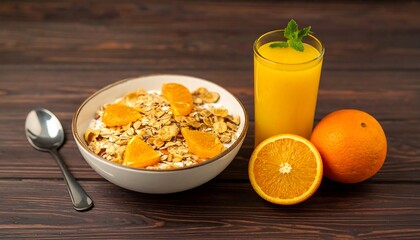 Healthy breakfast bowl with orange slices and juice