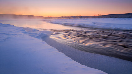 Serene Winter River Sunset:  Peaceful, Cute Wallpaper, Snow-Covered Banks,  Frozen Stream,  Tranquil Landscape Photography.