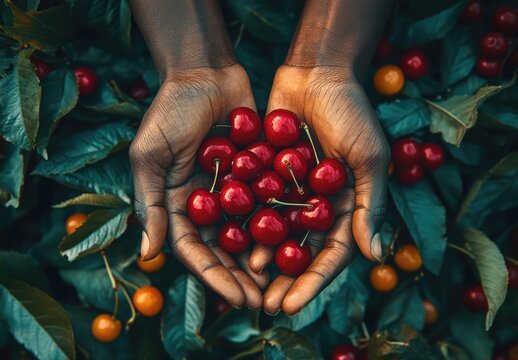 Close-up of hands holding fresh red cherries, a bowl full with cherry fruit in the background. - Powered by Adobe