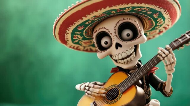 Festive day of the dead skeleton playing guitar with sombrero. Cinco de Mayo, Battle of Puebla Day, Mexican Heritage Festival - Latin American Cultural Celebration