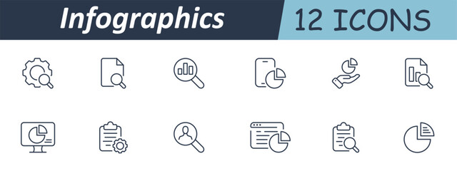 Infographics set icon. Charts, magnifiers, pie segments, bars, files, hand, gears arranged with data visualization tools on screen, mobile, clipboard, page