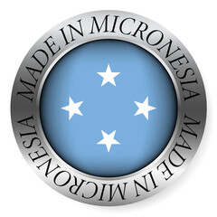 Made in Micronesia button icon. Circular emblem with metallic border, glossy central flag, and bilingual label indicating product origin and international manufacturing identity.