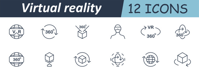 Virtual reality set icon. Line headsets, 360-degree arrows, rotating cubes, spheres, globes, human figure with headset, and motion indicators in digital environment