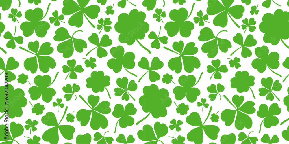 Poster shamrock or clover leaf horizontal green seamless pattern falling leaves on white background vector 