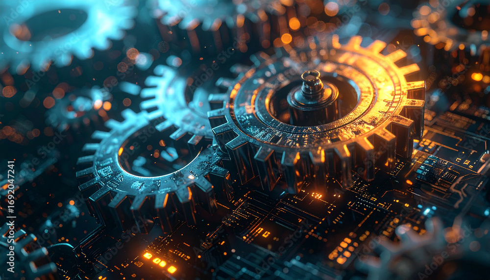 Aufkleber mechanical gears on circuit board: a close-up showcases a network of intricate mechanical gears seam
