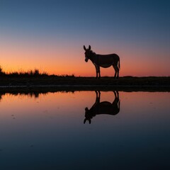 Donkey Silhouette at Sunset Reflection in Still Water
