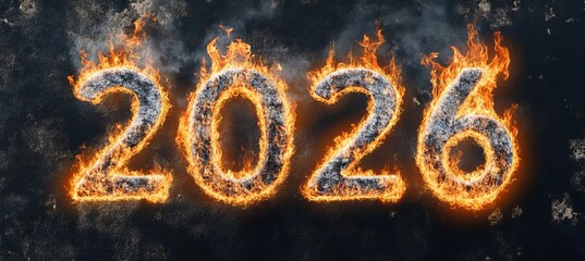 2026 Year Date in Fiery Orange Flames on Dark Stone Surface, Symbolizing Intense Future Challenges