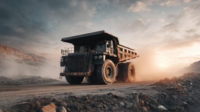 Heavy dump truck mining vehicle with large tire navigating rugged terrain in industrial construction site, transportation at sunset with dust, powerful machinery in action under dramatic sky