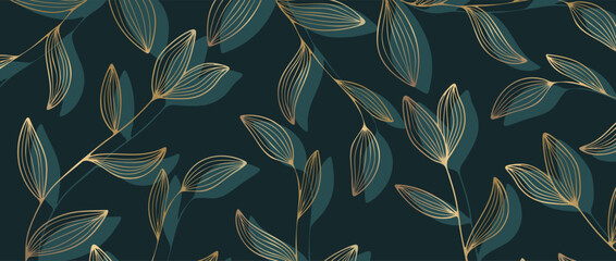 Golden branches with leaves abstract horizontal vector luxury design. Botanical illustration with golden elements