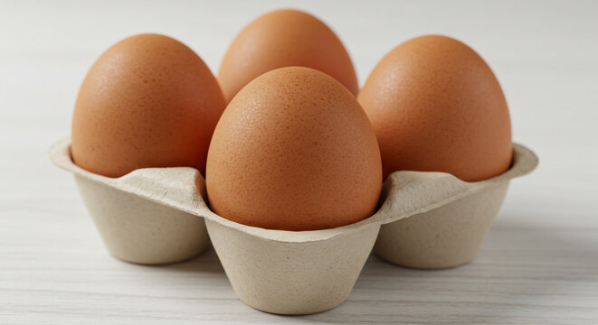 Close-up shot of four brown eggs in a cardboard egg carton on a white surface.