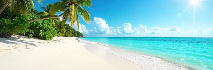 Fototapeta premium Empty white sand beach under a vibrant tropical sky, untouched and pristine, turquoise water gently laps the shore Perfect for travel, vacation, and paradise themes , calm, scenery