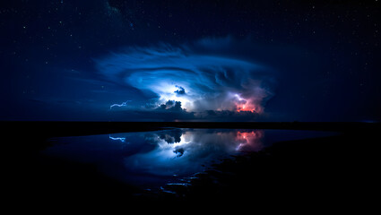 Night Sky Lightning Storm Reflection Wallpaper: Dramatic Blue and Red Hues, Stunning Nature Photography.