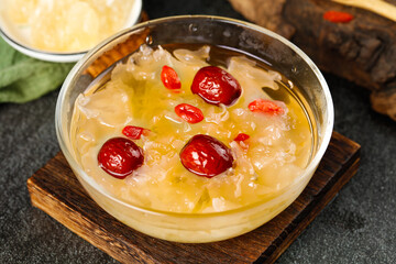Chinese Silver Ear Mushroom Dessert Soup with Red Dates and Rock Sugar in Glass Bowl