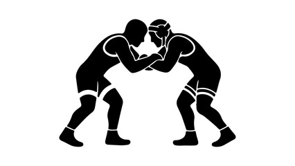 Naklejka premium Black silhouette vector illustration of two wrestlers grappling.