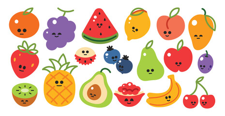 Tropical fruits in cute face cartoon art design. Watermelon, grape, lemon, orange, apple, banana, cherry. 