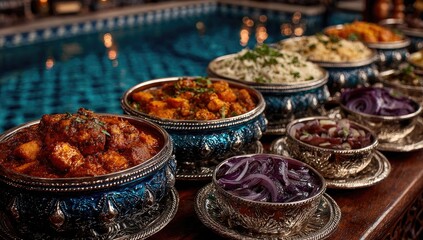 Fototapeta premium Indian dishes served buffet-style by a pool