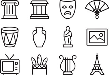 Collection of Ancient and Modern Cultural Icons in Outline Style Keywords: column, temple, theater mask