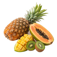 Fresh tropical fruit mix with pineapple, mango, papaya, and kiwi slices on transparent background for smoothie branding and summer menus