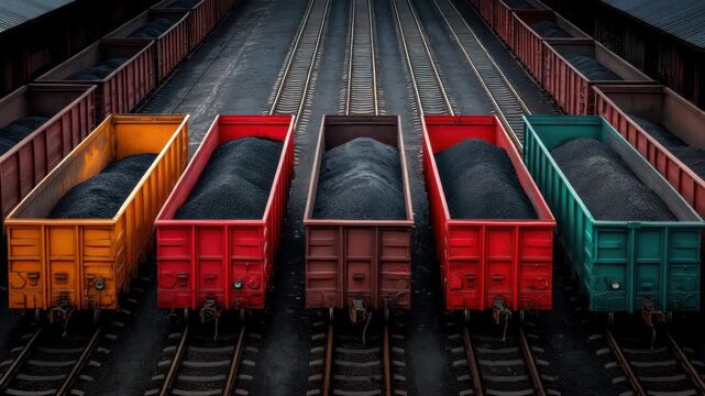 Colorful freight train cars filled with coal parallel railway tracks, industrial transportation scene with vibrant wagon, overhead view, energy supply and resource, organized railway yard