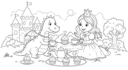Coloring Page of Princess and Dragon Tea Party with Castle Background