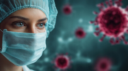 Medical professional wearing a surgical mask and cap, gazing intently at floating virus particles in a blurred background, representing the fight against infectious diseases and health awareness