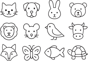 Fototapeta premium Cute Hand- Drawn Outline Icons of Various Animals rabbit bear