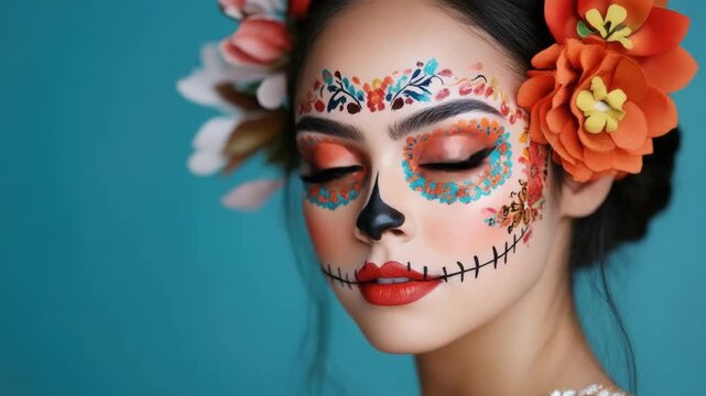 Young hispanic woman with dia de los muertos face paint and floral headpiece. Cinco de Mayo, Battle of Puebla Day, Mexican Heritage Festival - Latin American Cultural Celebration