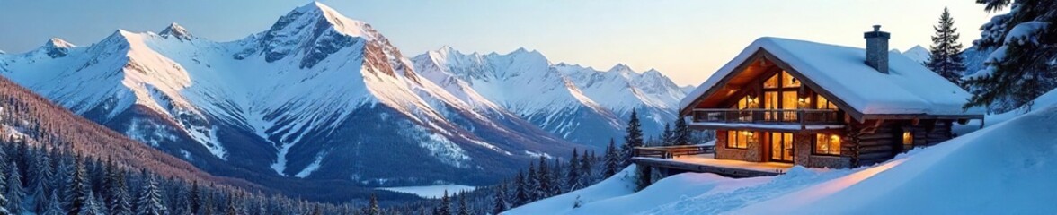 Fototapeta premium Cozy mountain chalet nestled amidst snow-capped peaks, offering stunning views and a tranquil retreat Perfect for winter getaways and outdoor adventures , Rocky Mountains, serenity