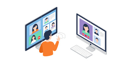 Isometric online meeting concept with people on computer screens for virtual communication