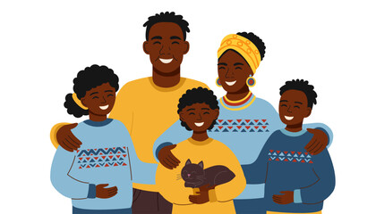 Illustration of black skin family isolated on white background. Father, mother and three children. Family concept. Vector flat clipart.