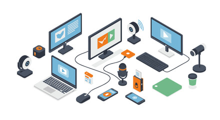 Modern isometric home office setup for digital content creation