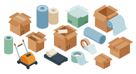 Isometric packaging and delivery supplies with boxes and accessories