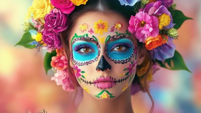 Young hispanic woman with colorful day of the dead face paint and floral headdress. Cinco de Mayo, Battle of Puebla Day, Mexican Heritage Festival - Latin American Cultural Celebration