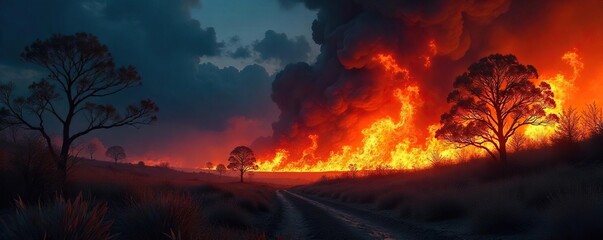Fiery inferno raging in the night, engulfing dry brush and trees, casting an ominous orange glow Perfect for illustrating disaster, destruction, or the power of nature , scary, darkness, inferno