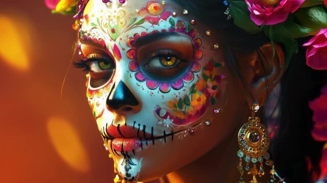 Young hispanic woman with colorful dia de los muertos makeup and floral headpiece. Cinco de Mayo, Battle of Puebla Day, Mexican Heritage Festival - Latin American Cultural Celebration