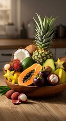 Exotic Fruit Bowl - A Tropical Delight of Pineapple, Papaya, and Lychee.
